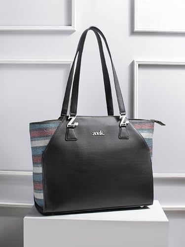 Image of ZOUK Printed Jute Handcrafted Vegan Leather Black Women's Check-point Friendly Classic Business Bag