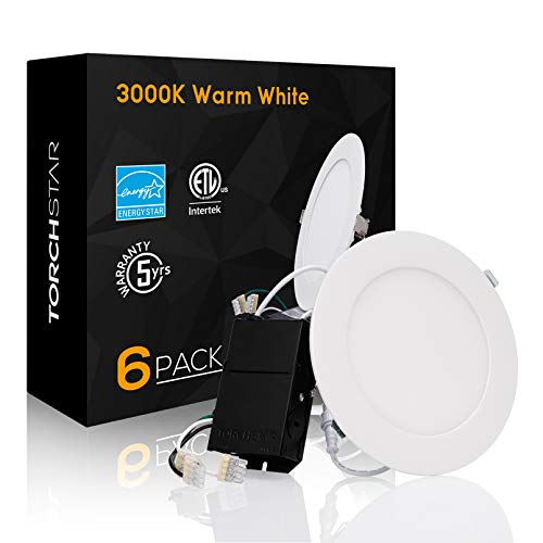 One-Day Sale: Up to 60% Off TORCHSTAR 6 Inch Slim LED Recessed Light with Junction Box, 13.5W Dimmable Panel Downlight, CRI90, 3000K Warm White, ETL & Energy Star Certified, White, Pack of 6