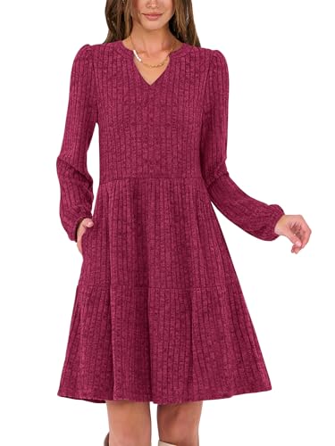 ANRABESS Long Sleeve Dress for Women Fall Fashion Outfits 2025 Casual V Neck Ribbed Knit Short Sweater Dresses with Pockets Wine Red X-Large