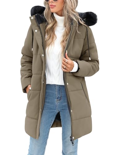 Image of RITOSTA Women's Long Winter Coats Ladies Quilted Jacket Zip up Fleece Lined Coat Thicken Padded Puffer Parka Longline Hoodies Padded Coats with Faux Fur Removable Hood for Outdoor Sport (Khaki,L)