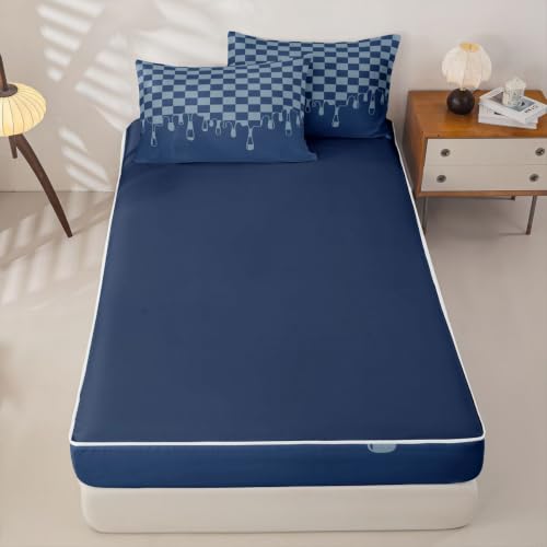 Image of Gingham Navy Blue Checkered Zipper Bedding Full SizeCheckerboard Drip Zip Up Bedding Set for Teens Adults,Y2K Aesthetic Trendy Modern Geometric Bed in a Bag Grid Plaid Comforter with Fitted Sheet
