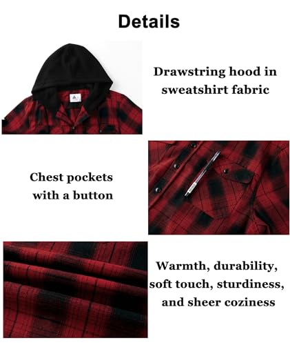 Image of Hooded Flannel Shirts for Men Plaid Long Sleeve Flannel Jacket Hoodies | Button-Down, Lightweight Coat, Classic Plaid Shirts with Hood, Flannel Hoodies with Pocket