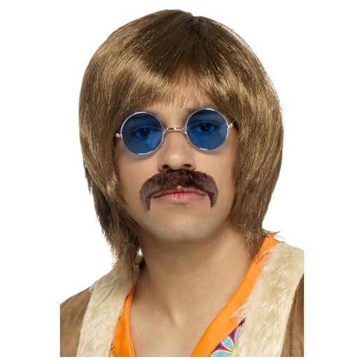 Smiffys Herrar 60-tals hippie sångare set, peruk, mustasch och glasögon, en storlek, brun, 45169