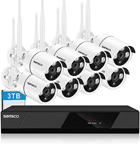 [WiFi Kit w/Audio] SANSCO Wireless CCTV Security Camera System with 3TB HDD & Audio Rec., 8CH NVR, (8) 3MP HD Outdoor IP Bullet Camera (Night Vision, Rapid USB Backup, App/Email Alert, Waterproof)
