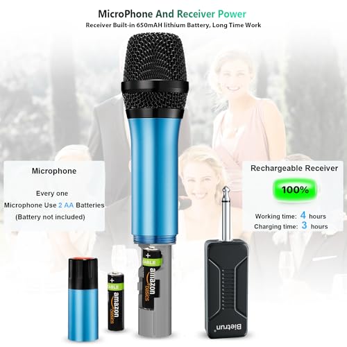 Wireless Microphone, Bietrun UHF Metal Dual Handheld Cordless Dynamic Mic System with Rechargeable Receiver, 1/4‘’Output, for Karaoke, Church, Speech, Wedding, Party Singing(160 ft Range)-Auto Connect - Thumbnail 4