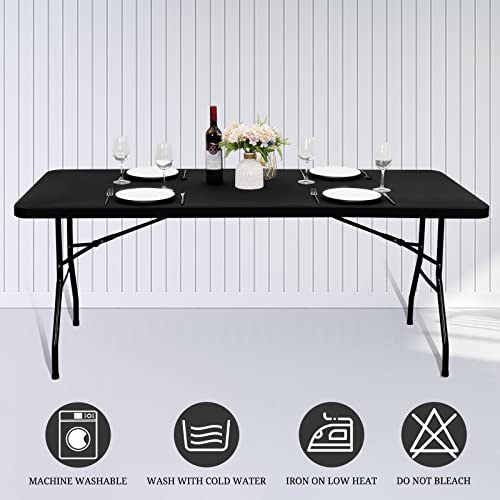 6 Pack Stretch Fabric Table Top Cap Cover, Fits 6' Tables, Spandex Table Covers Washable Elastic Universal Rectangle Tablecloth Protector For Indoor Outdoor Party Picnic Wedding, Black, 30" W X 72" L #TOP5