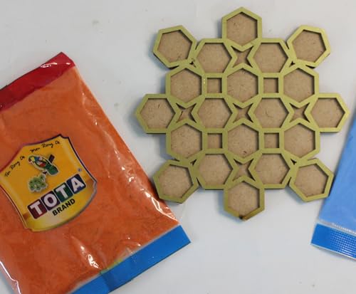 Image of TOTA Rangoli Stencil - Set of 1MDF Stencils + 1 Assorted Rangoli Colour Packet | 4X4 inch | Reusable 3D Rangoli for Diwali Home Decoration Navratri Pongal Onam Puja