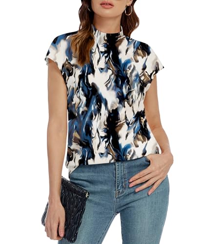 Image of Funlingo Womens Summer Tops Mock Neck Short Cap Sleeve Blouses Business Casual Work Chiffon Shirts Front Pleated Tunic Top