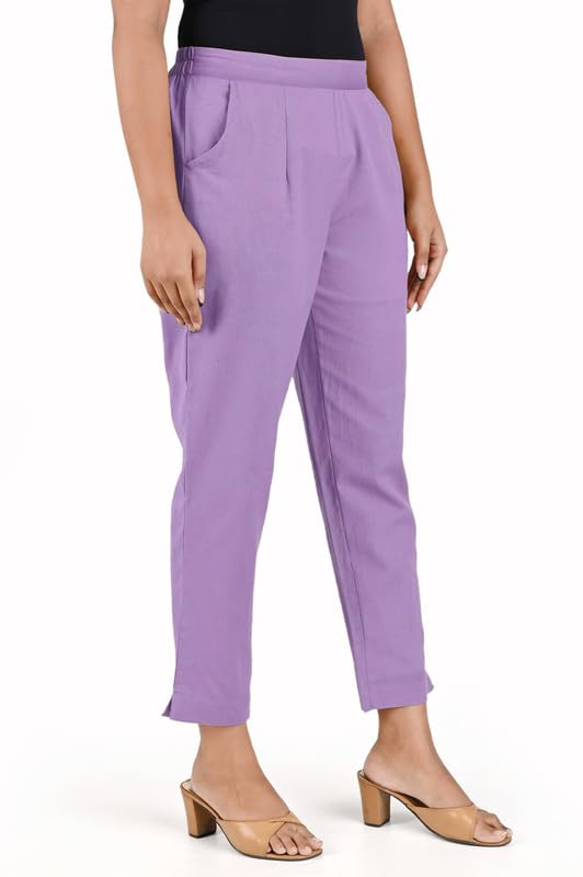Image of Women's Solid Straight Fit 100% Cotton Trousers | High Waist, Side Pockets, Ankle Length Pants for Office, Casual