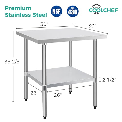 Image of COOLCHEF Stainless Steel Work Table 30 x 30 Inch, NSF Commercial Prep Table with Undershelf, Heavy Duty Food Prep Workstation