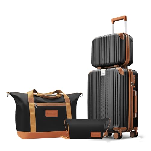 Image of Luggage Set 3 Piece Luggage with PC+ABS Hardshell TSA Lock Spinner Wheels Carry on Lightweight Suitcase Cup Holder,YKK Zippers and Hoot (Black, 4 piece(14 /20 /DB /TB))