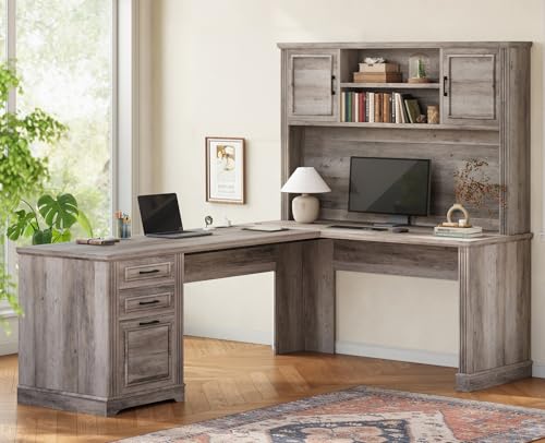 Itaar Farmhouse Executive L Shaped Desk, Home Office Desk with File Drawer and Power Outlet, Computer Corner Desk with Hutch and Drawer, Workstation for Office Home, Grey