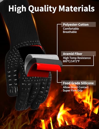 Beesgarden Grillhandschuhe Hitzebeständig bis 800°C Extrem Hitzebeständige, Feuerfest Ofenhandschuhe Topfhandschuhe BBQ Kochhandschuhe Backhandschuhe, Ideale für Ofen, BBQ, Kochen, Schwarz (L/XL/XXL)
