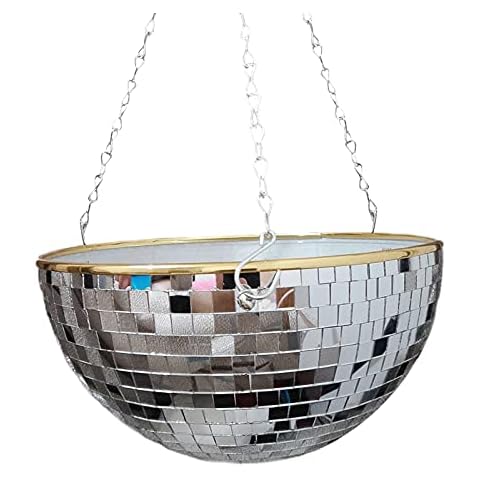 DRYEN Mirror Disco Ball Hanging Planter, 9.8 Inch Wide Silver Mirror Semi Ball Hanging Flowerpot Shining Disco Half Ball Wall-mounted Flower Plant Basket Cover