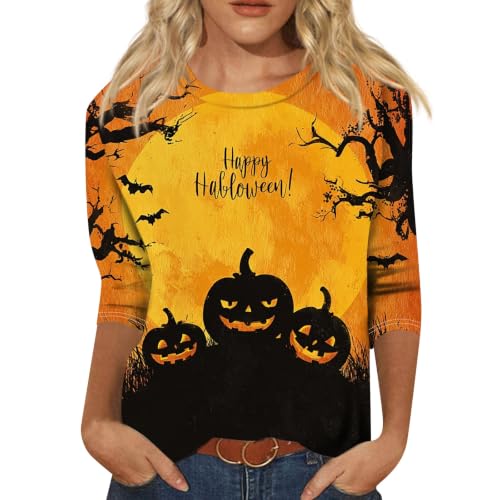 Image of Women Spooky Halloween Graphic Shirt 3 /4 Length Sleeve Crewneck Top | Halloween Funny Printed Pumpkin Plus Size Tshirts 2026 Fall Outfits Skeleton Tee Going Out Tops