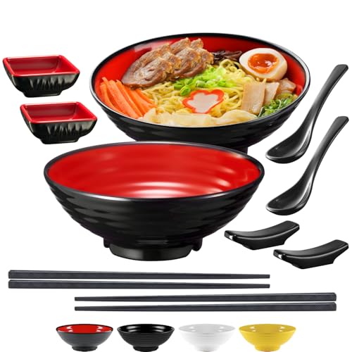 Comparison: Best Ramen Bowl Set 3 Unbreakable Ramen Bowl Set with Chopsticks and Spoon: 2 large Japanese Style Melamine Ramen Bowls, Dipping Bowls and Chopstick Stands for Asian Pho Soup Thai Miso Udon Wonton (2 Bowl Set, Red-Black)