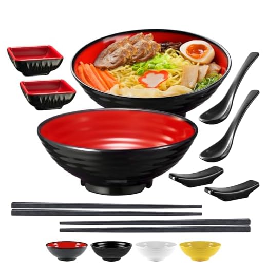 Unbreakable Ramen Bowl Set with Chopsticks and Spoon: 2 large Japanese Style Melamine Ramen Bowls, Dipping Bowls and Chopstick Stands for Asian Pho Soup Thai Miso Udon Wonton (2 Bowl Set, Red-Black)