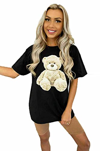 Ladies Short Sleeve T-Shirt Women's Oversized Casual Tee Teddy Bear Printed Top (14, Black)