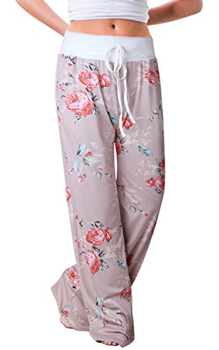 Image of AMiERY Women's Comfy Casual Pajama Pants Floral Print Drawstring Palazzo Lounge Pants Wide Leg