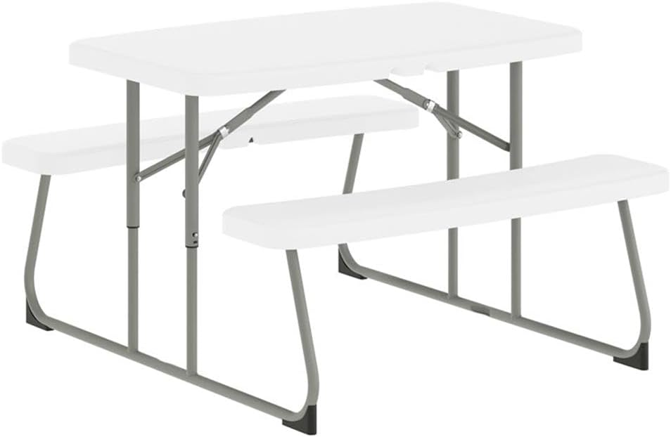 Pemberly Row Kids Folding Picnic Table with Benches, 32.625"W x 37.5"D x 21.5"H, White Waterproof Plastic Top, Powder Coated Steel Frame, Indoor/Outdoor Use, Seats 4, Folds Flat for Storage, Ages Up