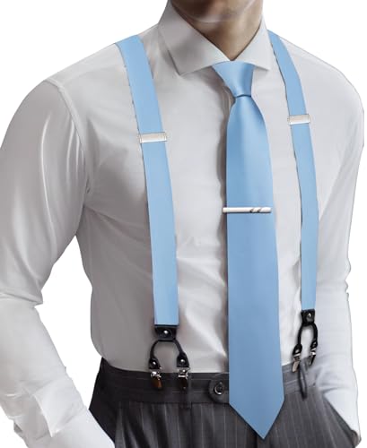 Image of Barry.Wang Unisex Adjustable Sky Blue Suspenders Tie Clip Set with Elastic Straps Y,Halloween Cosplay Christmas Dress Suspender