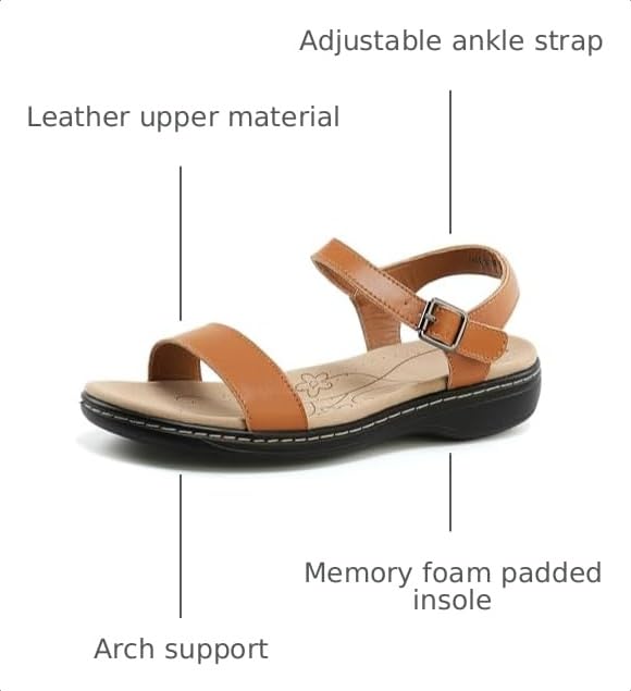 Image of Women's Classic Flat Sandals Leather Open Toes Memory Foam One Band Ankle Strap Adjustable Slip On Shoes