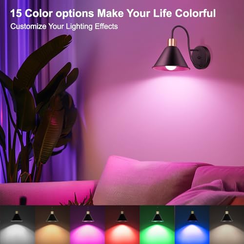Image of Frideko Rechargeable Battery Operated Wall Sconces Set of Two with Remote, RGB 15 Colors Dimmable Black Wall Light, Indoor Battery Powered Wireless Sconce with Timer for Living Room Bedroom