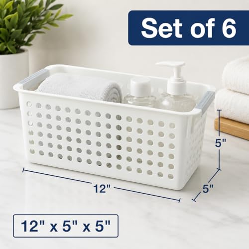 Image of Basicwise Set of 6 Plastic Storage Baskets, 12 inch x 5 inch x 5 inch Ivory Organizer Bins with Handles, Perforated Small Storage Containers for Pantry, Bathroom, Laundry, Closet, Office, Toys, Shelves, Home