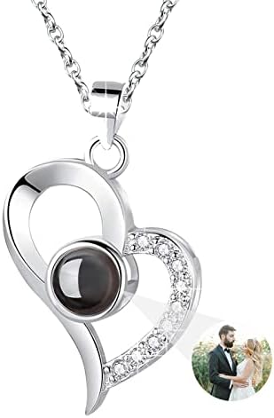 ITESSY Personalized Photo Projection Necklace, Silver Custom Photo Love Heart Pendant Necklace 100 Languages I Love You Happy Birthday Anniversary Memorial Gifts for Her Women Wife Mum Girlfriend