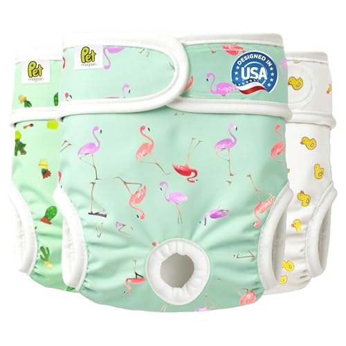 Pet Magasin® Super Absorbent Reusable Dog Diapers for Females (3-Pack) - Ideal Heat Solution, Washable Doggie Diapers for Female Dog - Perfect Doggie in Heat & Period (Trending, S (11”-16” Waist))
