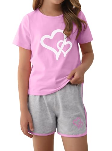 Image of Girl's 2 Piece Outfits Cute Summer T-Shirt and Graphic Shorts Clothing Sets Pink 11-12Y