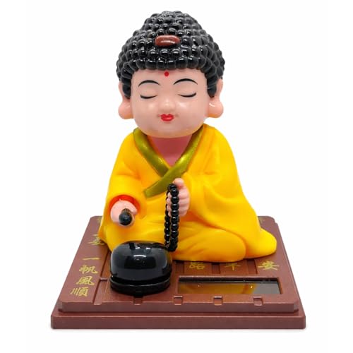 Image of Solar-Powered Moving Head Buddha Statue| Feng Shui Monk Figurine for Positive Energy, Peace & Prosperity | Shaking Head Buddha Idol for Car Dashboard, Home & Office Decor (Yellow)