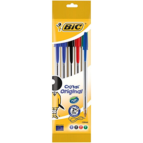 BIC Cristal Original - Bolígrafos punta media, 1.0 mm, Blíster de 5 unidades, Colores Surtidos,
