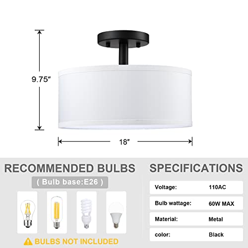 Leading Lighting 18" 3 Light Off White Fabric Drum Shade Semi Flush Mount Ceiling Light Black Finish, Chandeliers Shade For Bar, Dining Room, Corridor,Living Room #TOP2