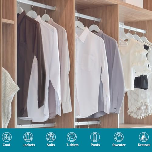 ABHENG Kleiderbügel Holz 10 Stück, Holzbügel mit Rutschfester Hosensteg und 360° drehbarer Haken, Einkerbungen im Schulterbereich, Hergestellt aus Naturholz, 44,5B x 23H cm, Weiß + Silbern,AWY0310W