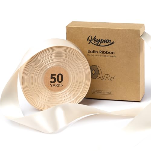 Keypan Cinta de satén color marfil de 1-1/2 pulgadas x 50 yardas, cinta de poliéster de doble cara color crema para envolver regalos de Navidad, lazos, manualidades, ramo floral, invitaciones de boda