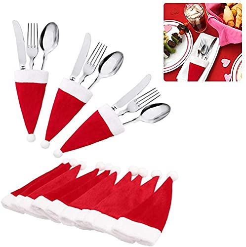 20 Portaposate Natalizi A Forma Di Mini Cappello Di Babbo Natale - Decorazione Tavola Natale Per Forchette E Cucchiai