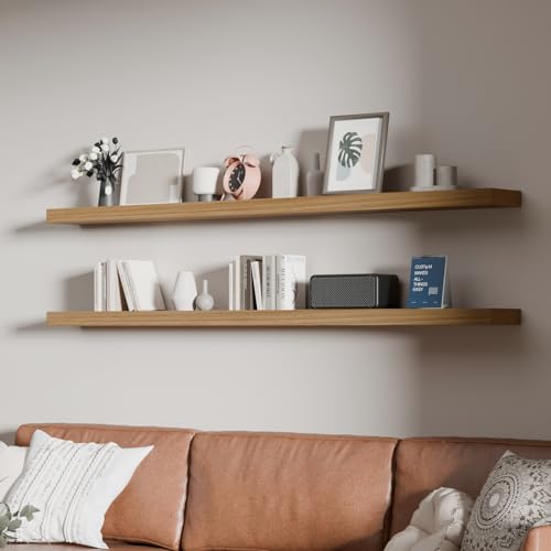 ONOTETUT 60 inch Long Floating Shelves for Wall Solid Wood Long Shelves Set of 2 Natural Rustic Mounted Shelves for Bathroom Living Room (Natural 60 Inch)