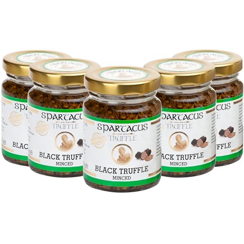 Trufas Negras Spartacus Conservadas en Aceite de Oliva Virgen Extra - Condimento Gourmet Perfecto para Pizza, Pasta, Ensaladas, Patatas, Carne y Huevos - Vegano y Sin Gluten (Trufas Picadas 450g)