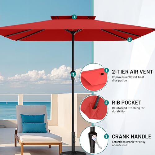 Image of AreShark 8'x10' 2 Tiers Rectangular Patio Umbrella - Outdoor Umbrella Waterproof UV Protection, Market Table Umbrella w /Crank for Pool, Backyard, Deck(Red)