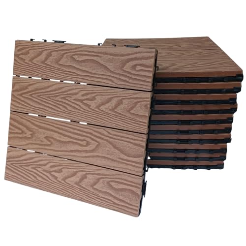 Azulejos de exterior empotrados WPC para suelos drenantes terraza, balcón, jardín, piscina, efecto madera antideslizante base de PVC (3D  natural, 11 unidades)