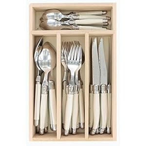 Andre Verdier Laguiole Debutant 24 Piece Flatware Set, Steak Knives, Forks, Soup Spoons, Teaspoons, Ivory Color, Made In France