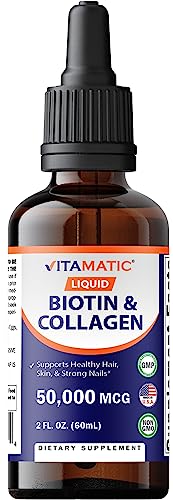 Vitamatic Liquid Biotin & Collagen Drops 50,000mcg for Hair Growth - Women & Men â Supports Glowing Skin, Healthy Hair & Nail Growth (2Fl Oz)
