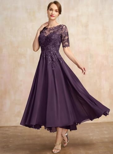 YMSHA Lace Mother of The Bride Dresses with Sleeves A Line Chiffon Formal Evening Dress YMS3784