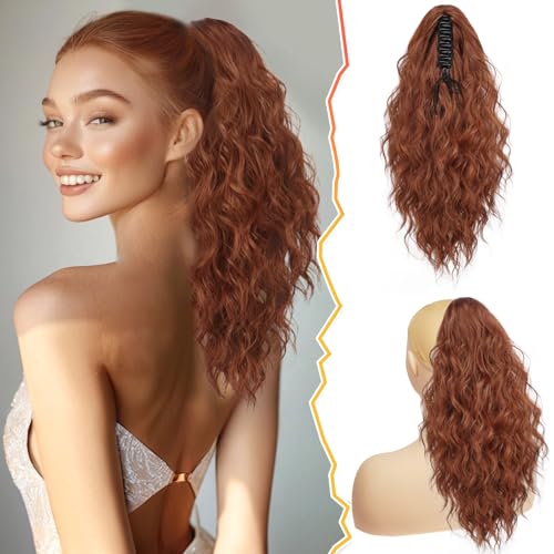 BARSDAR 18 Inch Claw Clip Auburn Ponytail Extension – Thick Soft Wavy Curly Hairpieces for Women, Synthetic Claw Clip Hair Extensions Multi-Layered Fake Ponytails - Medium Auburn
