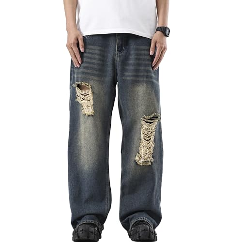 Men's Distressed Ripped Baggy Jeans Wide Leg Grunge Y2K Hip Hop Streetwear Casual Pants