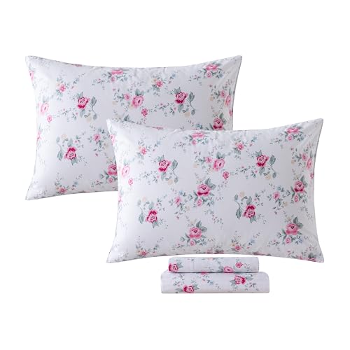 FADFAY Rose Sheets Set Twin XL Pink Floral College Bedding Rustic Botanical Dorm Sheets Vintage Farmhouse Bedding 100% Cotton Breathable Collection with Deep Pocket Fitted Sheet 4Pc, Twin XL Size