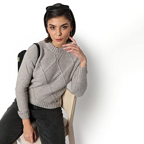 Image of Campus Sutra Women Grey Cable Knit Regular Fit Sweater for Winter Wear | Round Neck | Full Sleeve | Woolen Sweater | Casual Jacket for Woman & Girl | Western Stylish Jacket for Women