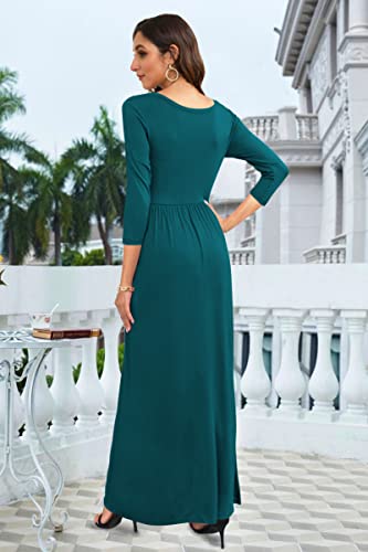 Image of WNEEDU Women's 3 /4 Sleeve Casual Loose Long Maxi Dresses with Pocket | Empire Elastic Waist, Crewneck, Floor Length, Soft Stretchy Flowy, Formal Dress, Wedding Wear, Solid Color and Prints