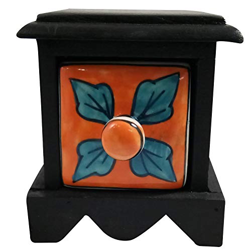 India Meets India Handmade Crafted Wooden and Ceramic Small Chest of 1 Decorated Drawer Jewellery Organizer, Chest Drawer Handicraft